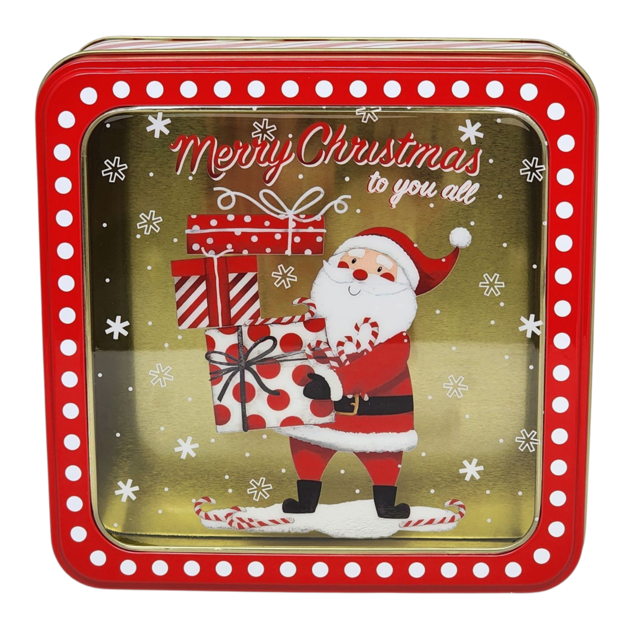 Square Cookie Tin with Window - Merry Christmas Santa with Gifts